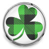 SnapAccents snap jewelry charm featuring a green and black plaid patterned shamrock clover design, round silver-tone metal frame, perfect for St. Patrick's Day accessories and customizable snap jewelry collections.