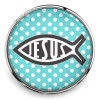 SnapAccents round snap jewelry charm featuring a black Jesus fish symbol with the word "JESUS" inside, set against a turquoise background with white polka dots, encased in a silver metal frame, perfect for faith-inspired interchangeable snap jewelry accessories.