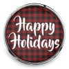 SnapAccents snap jewelry charm with red and black buffalo plaid background and white "Happy Holidays" text, festive seasonal accessory for interchangeable snap bracelets and necklaces.