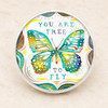 18MM snap jewelry charm with a colorful watercolor butterfly and the words You Are Free To Fly in blue and green tones