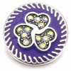 18mm snap jewelry charm with a purple background featuring three interlocking hearts decorated with sparkling rhinestones and a silver swirl border