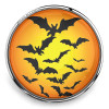 SnapAccents Halloween snap jewelry charm featuring black bats flying against an orange and yellow gradient background, perfect for festive seasonal accessories.