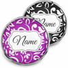 SnapAccents customizable snap jewelry buttons with elegant floral swirl design in purple and black, featuring a central white label area for personalized name engraving, perfect for unique fashion accessories and gift ideas.