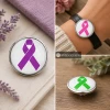SnapAccents snap jewelry featuring interchangeable purple and pink awareness ribbon snaps, perfect for customizable bracelets or accessories, displayed on a soft beige knit fabric background.