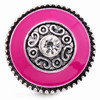 Round snap jewelry charm with bright pink enamel, silver scroll detailing, and a clear rhinestone center