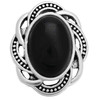 snap jewelry charm with a polished oval black pearl center and an intricate silver-toned frame with dotted detailing