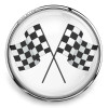 SnapAccents round snap jewelry charm featuring crossed black and white checkered racing flags design, silver-tone metal frame, interchangeable accessory for bracelets and necklaces, motorsport and racing fan gift, stylish and durable snap button jewelry piece.