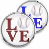 SnapAccents snap jewelry featuring round interchangeable charms with the word "LOVE" in bold letters and a baseball graphic replacing the "O," available in red and blue text, perfect for baseball fans and sports-themed accessories.