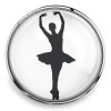 SnapAccents round snap jewelry charm featuring a black silhouette of a ballerina dancer in a tutu with arms raised, set in a clear glass dome with silver metal trim, perfect for dance lovers and ballet-themed accessories.
