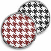SnapAccents round snap jewelry charms featuring classic houndstooth pattern in black and white and maroon and white, interchangeable decorative buttons for bracelets and accessories, stylish fashion snap accents with silver-tone metal edges.