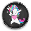 SnapAccents snap jewelry charm featuring a colorful dabbing unicorn with rainbow mane and tail, pink heart on chest, set against a black background, perfect for interchangeable snap bracelets and accessories.