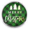 SnapAccents snap jewelry charm with green buffalo plaid background, gold foil text "Merry Christmas," and three white Christmas tree silhouettes, festive holiday accessory for interchangeable snap jewelry.