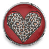 SnapAccents snap jewelry charm with a red background featuring a glittery leopard print heart design, interchangeable snap button accessory for bracelets, necklaces, and fashion jewelry.