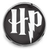 SnapAccents round snap jewelry charm with black background featuring white stylized "Hp" letters and lightning bolt design, silver metal frame, interchangeable accessory for bracelets and necklaces, Harry Potter inspired fashion snap button charm.