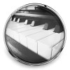 Round SnapAccents snap jewelry featuring a black and white close-up image of piano keys, glossy finish, musical instrument design accessory for interchangeable snap jewelry collections.