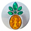 Silver SnapAccents snap jewelry charm with faceted amber oval gem and green teardrop-shaped accents, designed for interchangeable snap button bracelets and accessories.