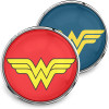 SnapAccents snap jewelry set featuring two interchangeable round snaps with yellow Wonder Woman logo on red and blue backgrounds, silver metal trim, perfect for customizable bracelets, necklaces, and accessories, superhero themed fashion jewelry, gift for fans and collectors.