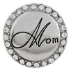 Silver SnapAccents snap charm with "Mom" inscription in elegant script, surrounded by clear rhinestones, perfect for customizable jewelry, bracelets, and gifts for mothers.