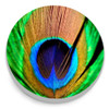Round SnapAccents snap jewelry charm featuring a vibrant close-up image of a peacock feather with bright green, blue, and brown colors, perfect for interchangeable snap jewelry accessories, bracelets, and necklaces.