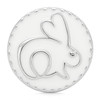 round snap jewelry charm with white enamel background and silver outline of a rabbit