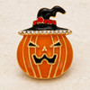 orange enamel pumpkin snap jewelry charm with a black witch hat decorated with red and clear rhinestones