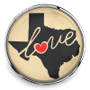 SnapAccents snap jewelry charm featuring black Texas state silhouette with beige background, cursive "love" text and red heart accent, silver metal frame, interchangeable accessory for bracelets and necklaces.