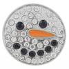 Round SnapAccents snap jewelry charm featuring a snowman face design with clear rhinestones, black rhinestone eyes and mouth, and an orange enamel carrot nose, perfect for interchangeable snap bracelets and accessories.
