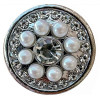 Round SnapAccents snap jewelry charm with central clear faceted crystal, surrounded by eight white faux pearls and a border of small clear rhinestones on silver-tone metal base, perfect for interchangeable snap bracelets, necklaces, and accessories.