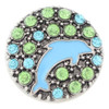 SnapAccents round snap jewelry charm featuring a light blue enamel dolphin center surrounded by alternating green and blue rhinestones on an antique silver-tone base, perfect for interchangeable snap bracelets, necklaces, and accessories.