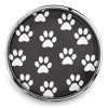 SnapAccents round snap jewelry charm with black background and white paw print pattern, interchangeable snap button accessory for bracelets, necklaces, and fashion jewelry, pet lover gift, stylish and customizable snap accent.