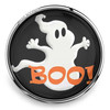 round snap jewelry charm with a white ghost and orange BOO! lettering on a black background in a silver metal setting