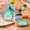 SnapAccents birthday snap jewelry charm with colorful "Happy Birthday to You" text and four candles on turquoise background, round silver metal frame, festive confetti design, interchangeable snap accessory for bracelets and necklaces, perfect birthday gift or celebration accessory.