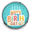 SnapAccents birthday snap jewelry charm with colorful "Happy Birthday to You" text and four candles on turquoise background, round silver metal frame, festive confetti design, interchangeable snap accessory for bracelets and necklaces, perfect birthday gift or celebration accessory.