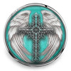 18mm snap jewelry charm with a turquoise background featuring a detailed black filigree cross flanked by white angel wings