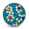 round snap jewelry charm with teal base featuring multicolor rhinestones in blue, clear, yellow, red, orange, and dark blue arranged in a scattered pattern