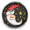 SnapAccents snap jewelry charm featuring a whimsical crescent moon with a white beard wearing a red Santa hat adorned with holly, surrounded by golden stars on a black background, perfect for festive holiday accessories and Christmas-themed snap jewelry collections.