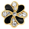 gold-framed snap jewelry charm shaped like a flower with alternating black enamel and clear rhinestone petals