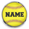 Yellow softball snap jewelry charm with red stitching and customizable name text, encased in silver metal frame, SnapAccents sports accessory for personalized athletic-themed jewelry.