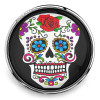 SnapAccents snap jewelry charm featuring colorful Day of the Dead sugar skull design with red rose, blue and purple flowers, and decorative swirls on white background in silver-tone setting.