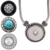 SnapAccents interchangeable snap jewelry necklace with three decorative snap charms featuring black swirl with crystal, turquoise stone with rhinestones, and pearl surrounded by crystals, all set in silver-tone metal.