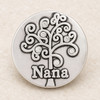 silver-tone snap jewelry charm with a detailed tree design featuring curling branches and six rhinestones, with the word Nana at the base