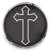Black SnapAccents snap jewelry charm featuring a bold white outlined cross design, round silver-tone metal frame, interchangeable snap button for bracelets, necklaces, and accessories, religious faith symbol, stylish and versatile snap jewelry accent.