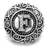 SnapAccents silver snap jewelry charm with ornate scroll design and rhinestone-studded letter F centerpiece, decorative interchangeable button for bracelets and accessories, vintage-inspired fashion embellishment, elegant personalized jewelry accent.