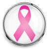 SnapAccents round snap jewelry charm featuring a pink breast cancer awareness ribbon design, clear domed glass top with silver metal frame, perfect for interchangeable snap bracelets, necklaces, and accessories supporting breast cancer awareness and fundraising.