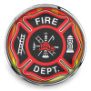 SnapAccents Fire Dept. snap jewelry button featuring red firefighter Maltese cross emblem with helmet, ladder, axe, hydrant, and fire tools on fiery background, perfect for firefighter gifts and accessories.