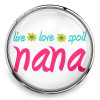 SnapAccents snap jewelry charm with "live love spoil nana" text, colorful floral accents, round silver-tone frame, perfect gift for grandmothers, interchangeable snap button accessory for bracelets, necklaces, and more.