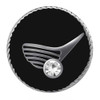 Round SnapAccents snap jewelry charm with black background, silver wing design, clear rhinestone accent, and twisted silver edge, perfect for interchangeable snap bracelets and accessories.