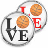SnapAccents snap jewelry featuring "LOVE" design with a basketball replacing the letter "O," available in black and red text, perfect for basketball fans and sports lovers, interchangeable snap charm for bracelets or accessories, clear round glass dome with silver metal rim.