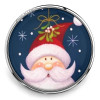 SnapAccents Christmas snap jewelry charm featuring a cute Santa Claus with rosy cheeks, white beard, red hat, and mistletoe on a dark blue background with snowflakes, perfect for holiday-themed interchangeable snap bracelets and accessories.