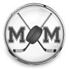 SnapAccents round snap jewelry charm featuring black hockey sticks crossed behind a black hockey puck with bold black letters "MOM" on white background, perfect for hockey mom gifts and sports-themed accessories.